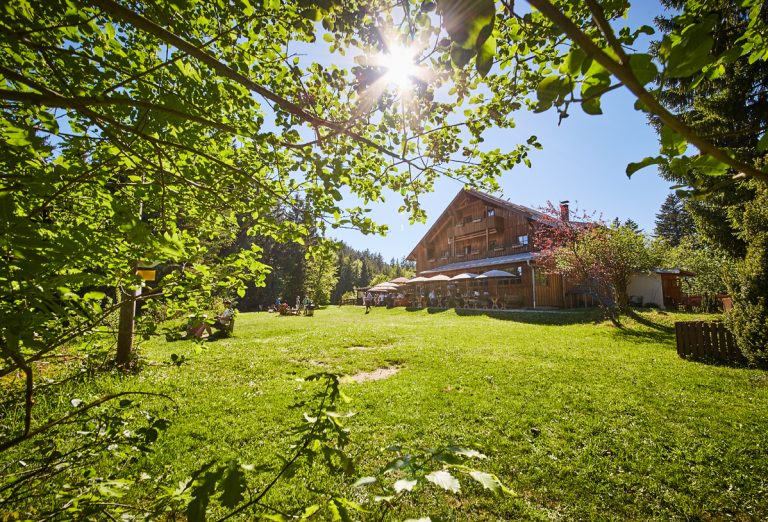 Im Sommer: Blick zur Sonne überm Almbad Huberspitz, rundherum das Grün der Almwiese und Bergwälder - ideal für Tagesgäste, Biker und Wanderer